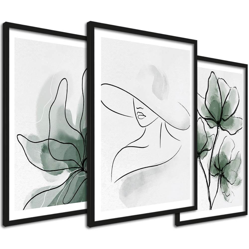 Mały zestaw obrazów - Zielone rośliny Line Art - DRUK PREMIUM