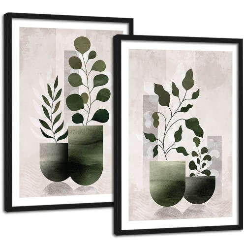 Zestaw 2 Obrazy -  Botaniczne zielono beżowe grafiki