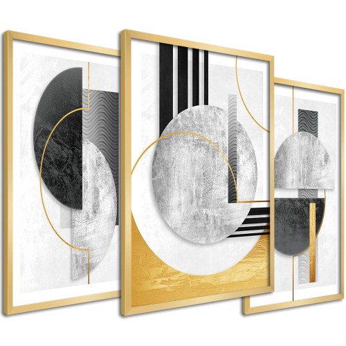 Tryptyk do salonu - Czarno złota abstrakcja Styl Glamour - Złota rama - format 30x40 cm